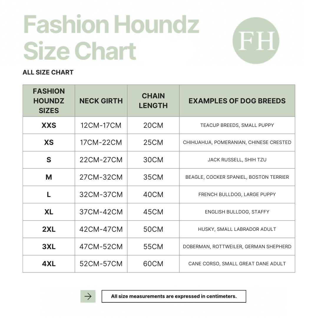 Fashion Houndz size chart for dog collars with measurements and examples of dog breeds.