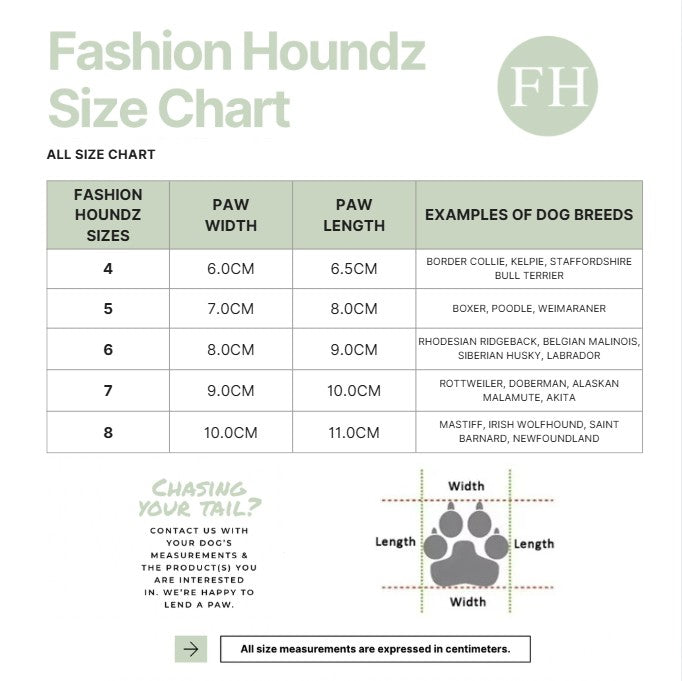 Fashion Houndz size chart for dog products with measurements and examples of dog breeds.