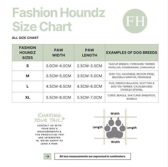 Fashion Houndz size chart for dog clothing with measurements and examples of dog breeds.