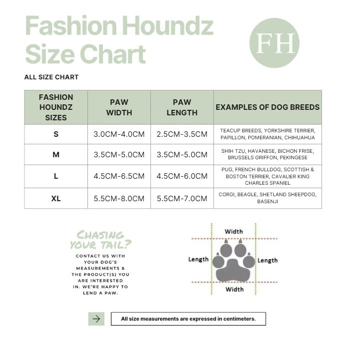 Fashion Houndz size chart for dog products with measurements and examples of dog breeds.