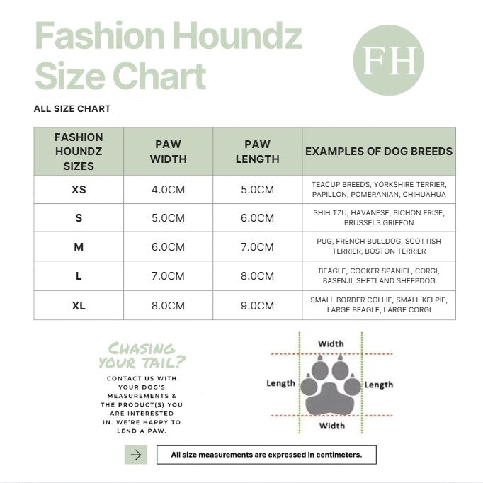 Fashion Houndz size chart for dog products with measurements and examples of dog breeds.