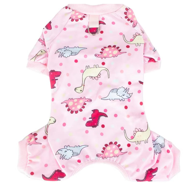 Dog jumpsuit with dinosaur pattern on a white background