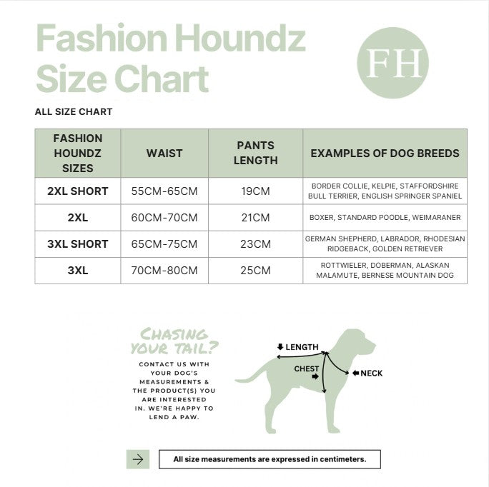 Fashion Houndz size chart for dog clothing with measurements and examples of dog breeds.