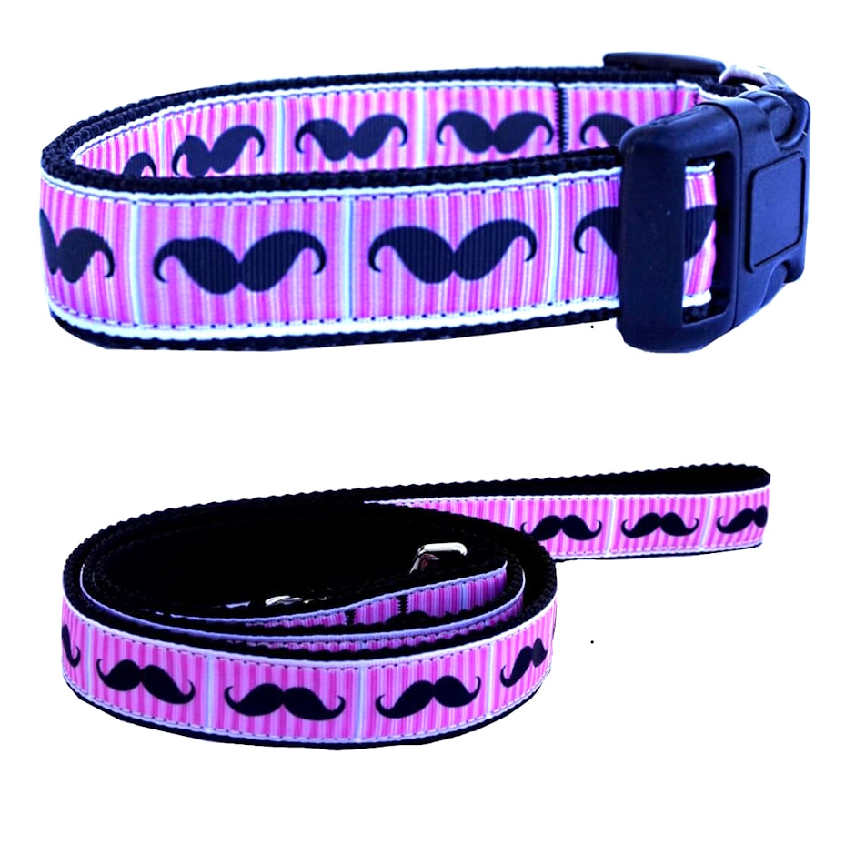 Luxury Collar Including Lead Webbed Pink Moustache