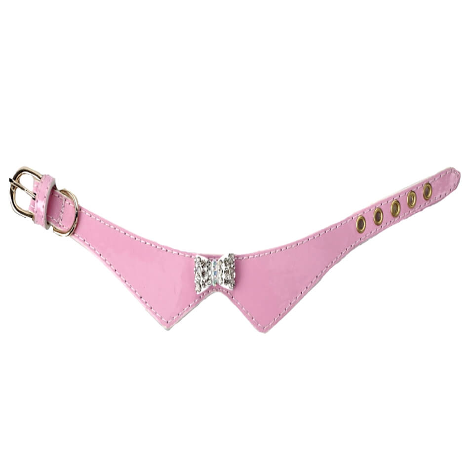 Pink leather dog collar with a decorative clasp on a white background