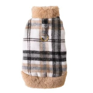 Plaid dog sweater with beige fur trim on a white background
