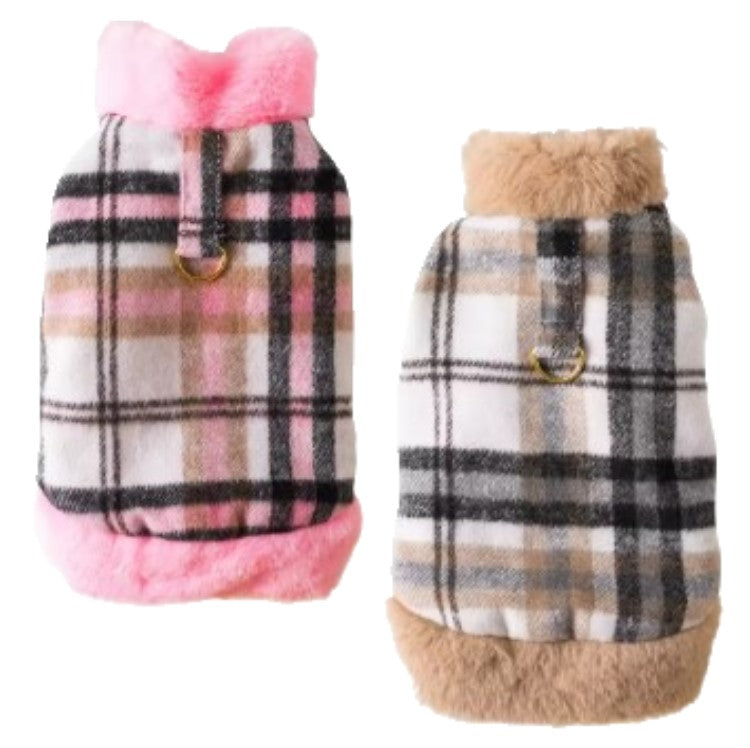 Two plaid pet coats with pink and beige fur trim on a white background