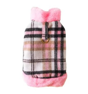 Plaid dog coat with pink trim and bow on a white background