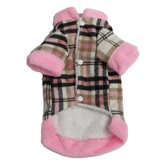 Plaid dog coat with pink trim on a white background