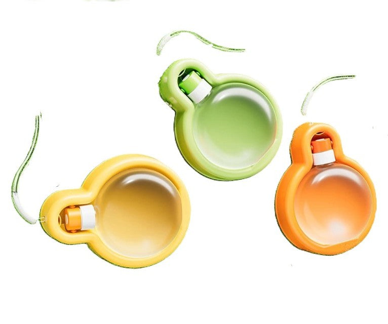 Three colorful keychain water bottles in green, yellow, and orange on a white background.