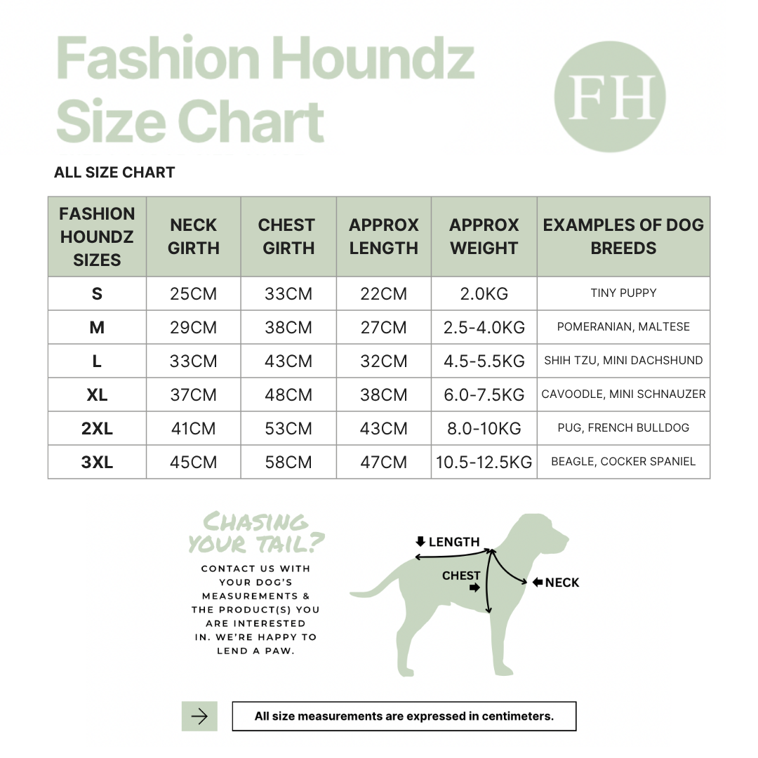 Fashion Houndz size chart for dog clothing with measurements and examples of dog breeds.