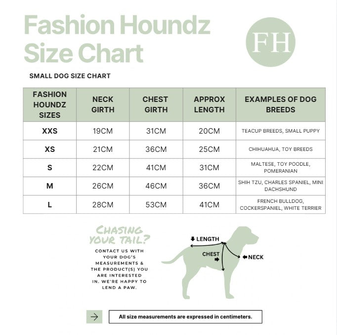 Fashion Houndz size chart for small dog clothing with measurements and examples of dog breeds.