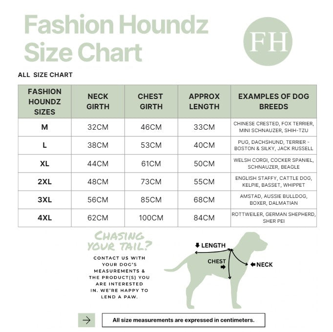 Fashion Houndz size chart for dog clothing with measurements and examples of dog breeds.
