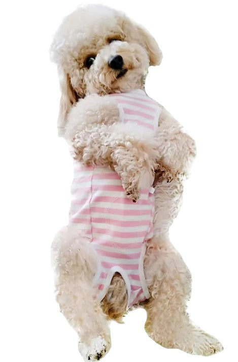 Dog Medical Recovery Extra Stretch Jumpsuit Pink White Stripe