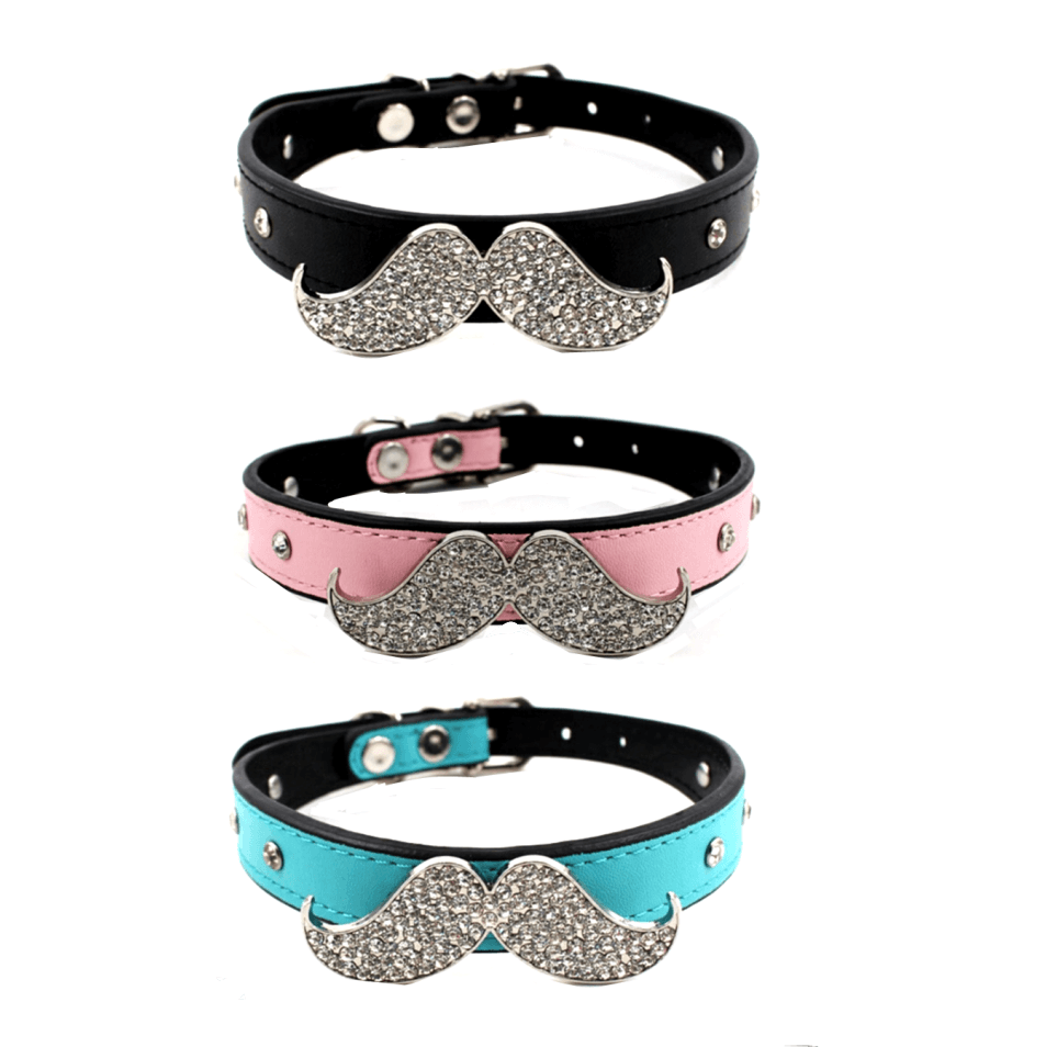 Three decorative dog collars with mustache designs in black, pink, and blue on a white background.