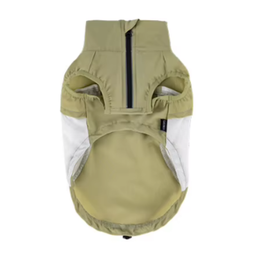 A dog hood with a front zipper, in olive green with white inner lining, shown against a plain white background.