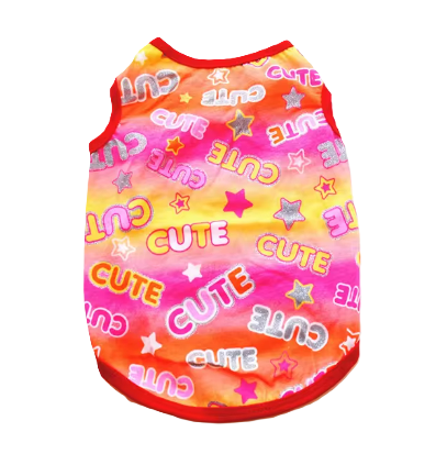 Colorful pet dress with 'CUTE' text and star patterns on a white background