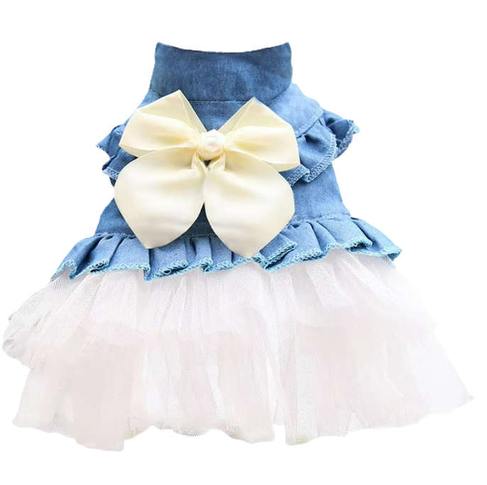 Denim dress with a large bow and white tutu on a white background
