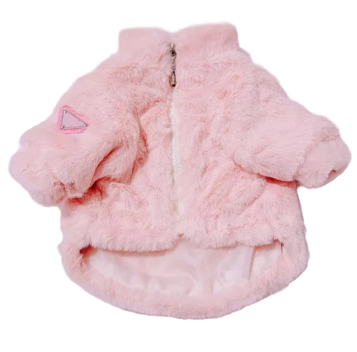 Pink fluffy jacket with a small triangle logo on a light purple background