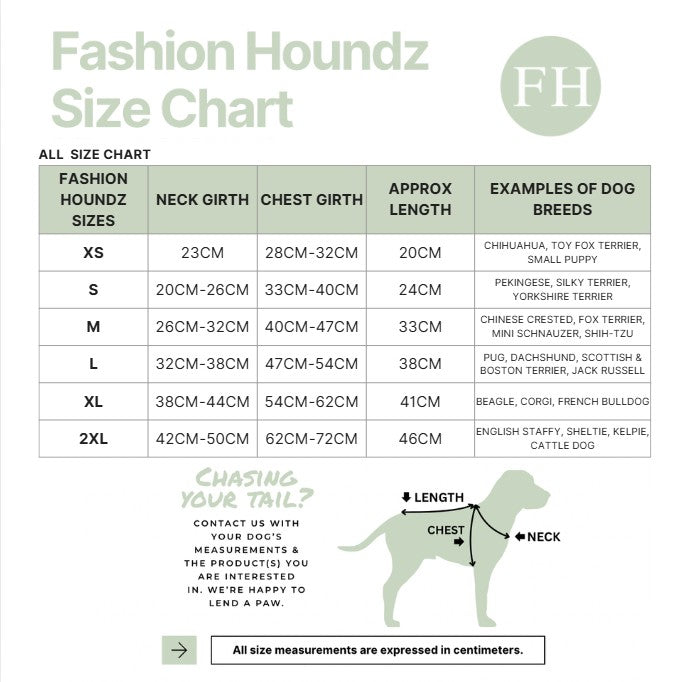 Fashion Houndz size chart for dog clothing with measurements and examples of dog breeds.