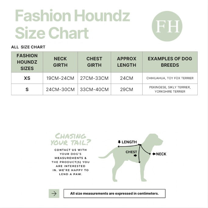 Fashion Houndz size chart for dog clothing with measurements and examples of dog breeds.