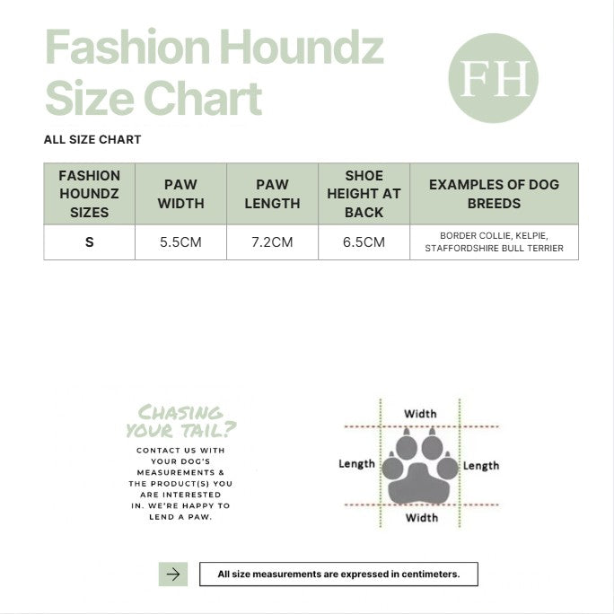 Fashion Houndz size chart for dog shoes with measurements and examples of dog breeds.