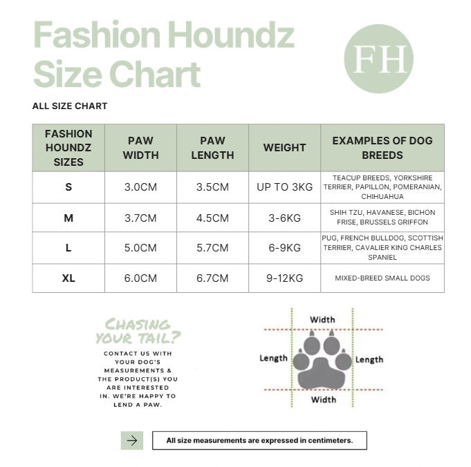 Fashion Houndz size chart for dog products with measurements and examples of dog breeds.