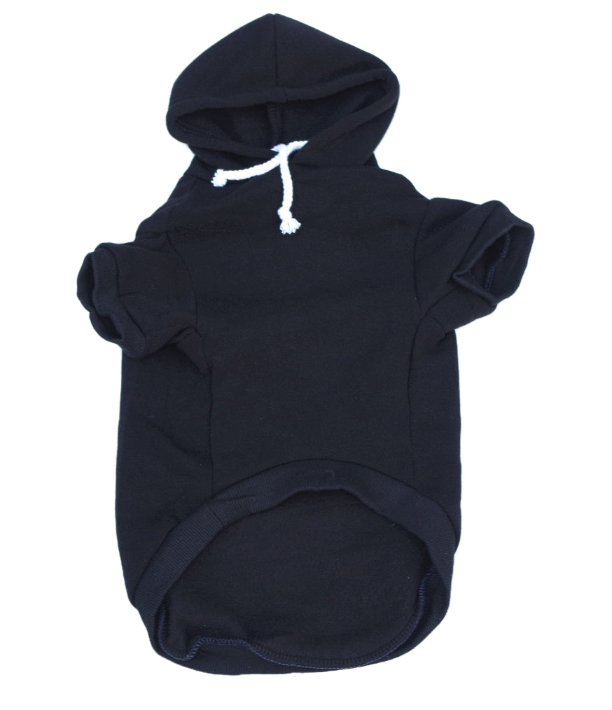 Black pet hoodie with white drawstrings on a white background