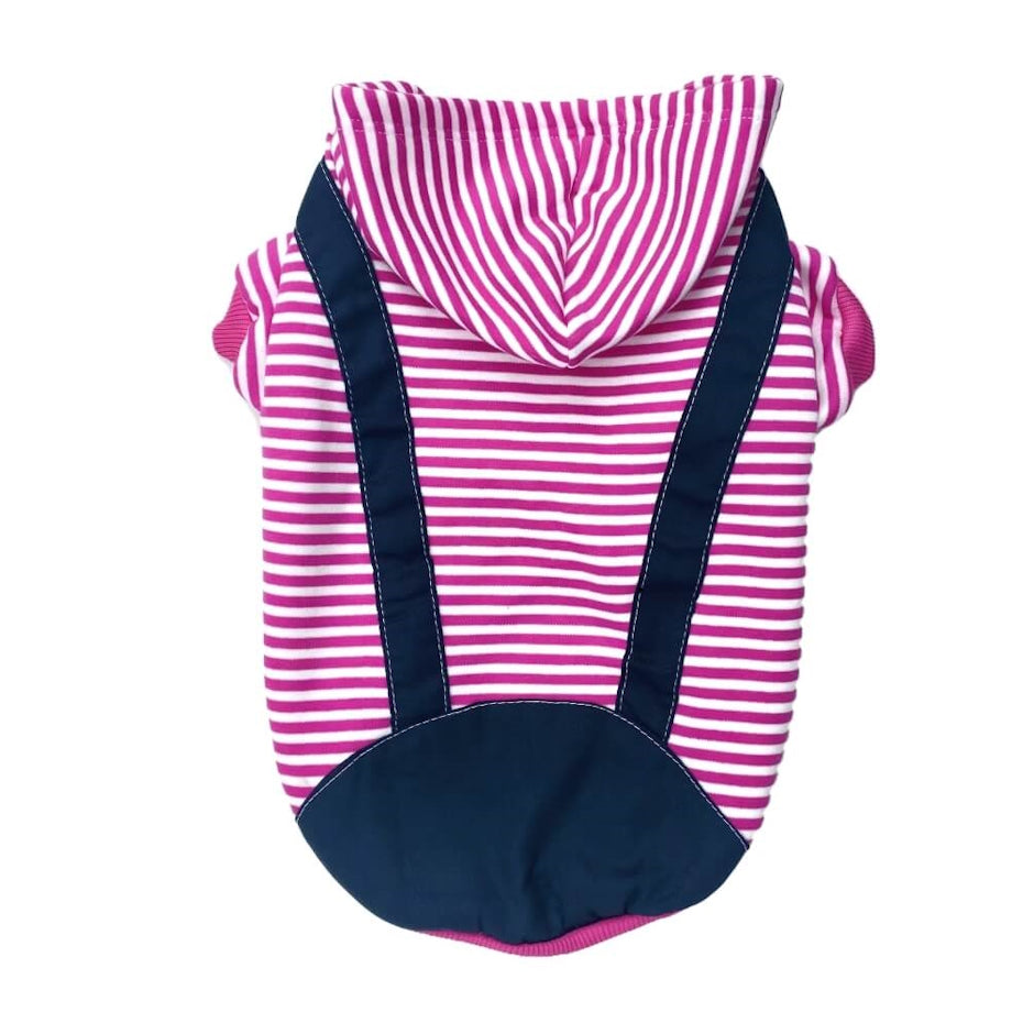 Pink and white striped pet hoodie with navy blue suspenders on a white background