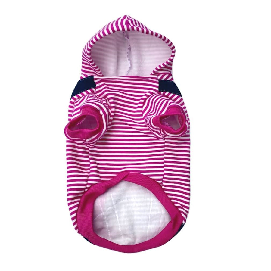 Pink and white striped pet hoodie on a white background
