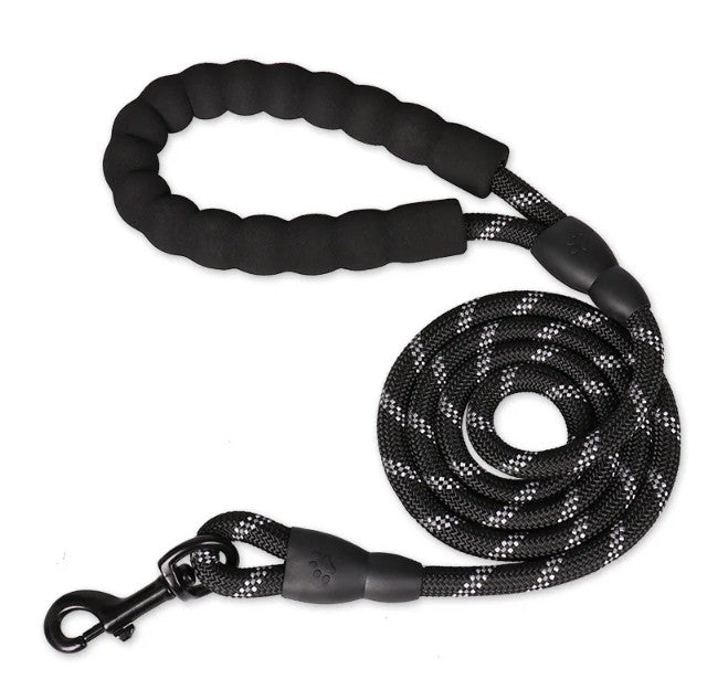 Black dog leash with braided design on a white background