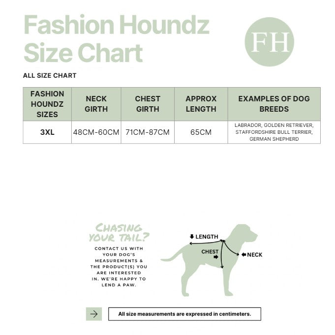 Fashion Houndz size chart for dog clothing with measurements and examples of dog breeds.