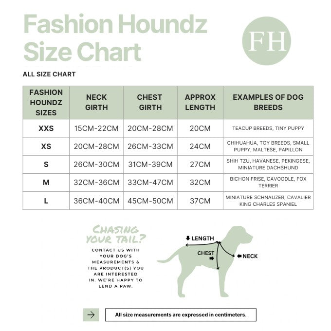 Fashion Houndz size chart for dog clothing with measurements and examples of dog breeds.