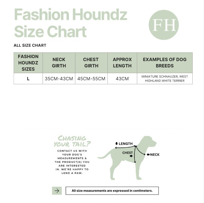 Fashion Houndz size chart for dog clothing with measurements and examples of dog breeds.