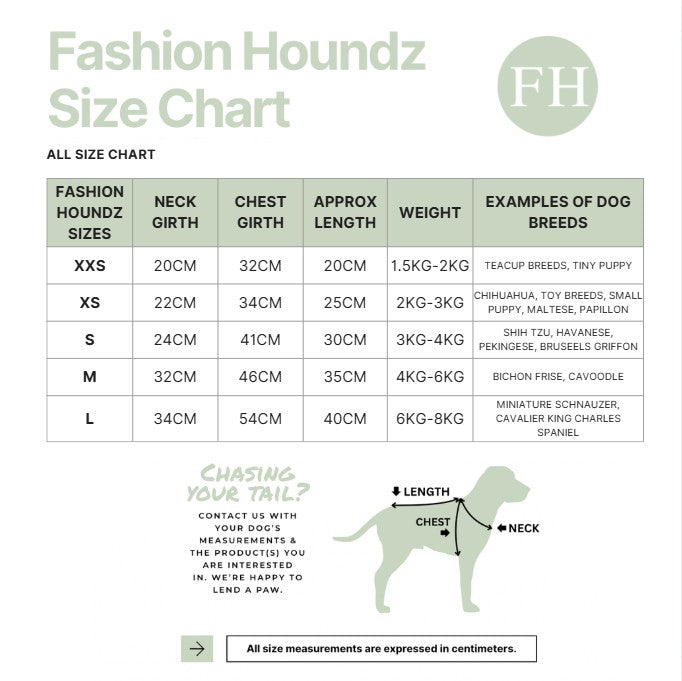 Fashion Houndz size chart for dog clothing with measurements and examples of dog breeds.