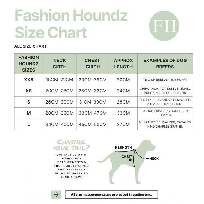 Fashion Houndz size chart for dog clothing with measurements and examples of dog breeds.