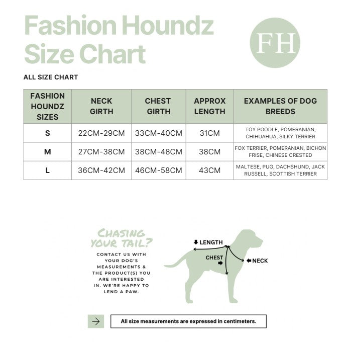 Fashion Houndz size chart for dog clothing with measurements and examples of dog breeds.