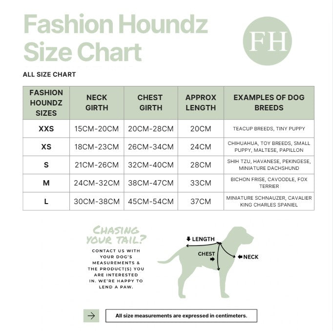 Fashion Houndz size chart for dog clothing with measurements and examples of dog breeds.