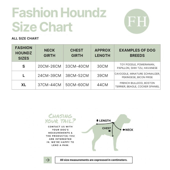 Fashion Houndz size chart for dog clothing with measurements and examples of dog breeds.