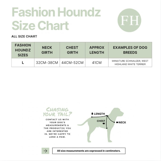 Fashion Houndz size chart for dog clothing with measurements and examples of dog breeds.