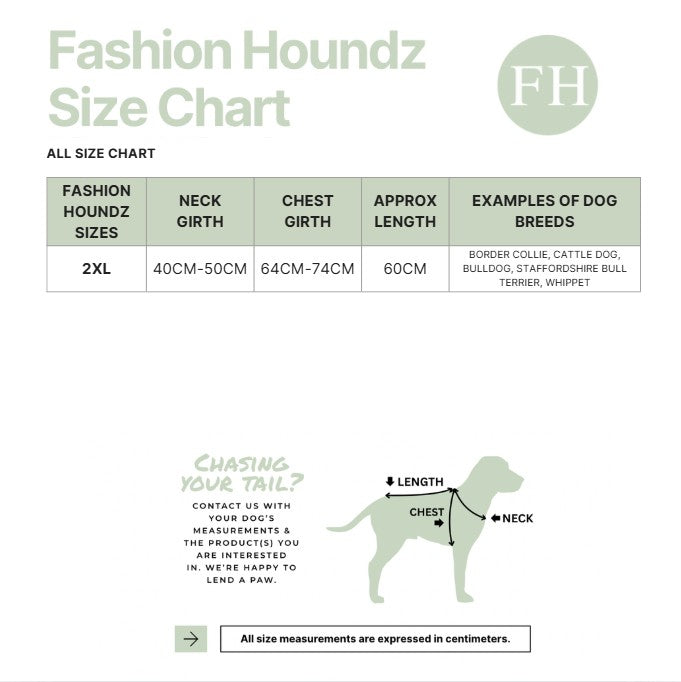 Fashion Houndz size chart for dog clothing with measurements and examples of dog breeds.