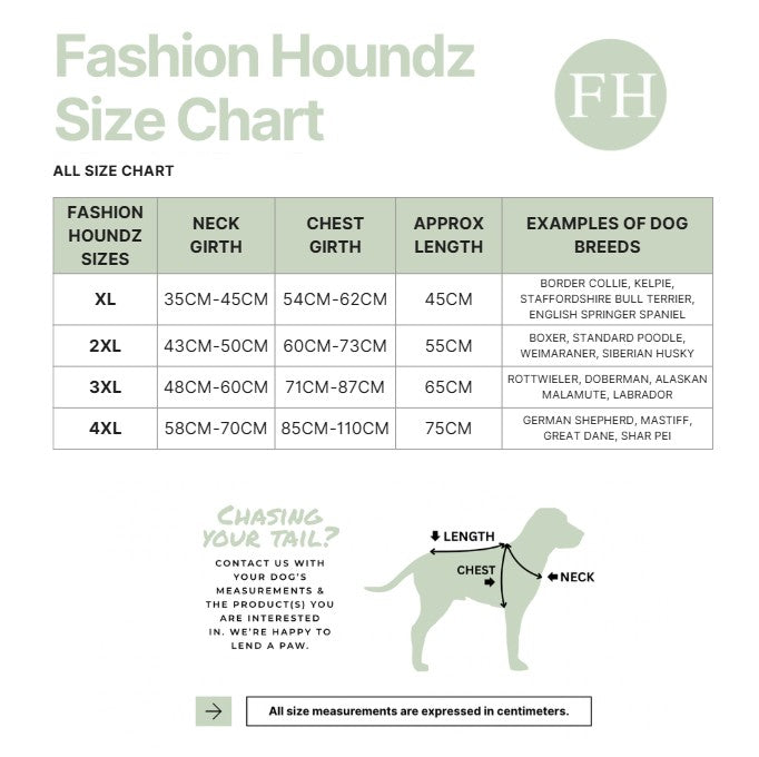 Fashion Houndz size chart for dog clothing with measurements and examples of dog breeds.