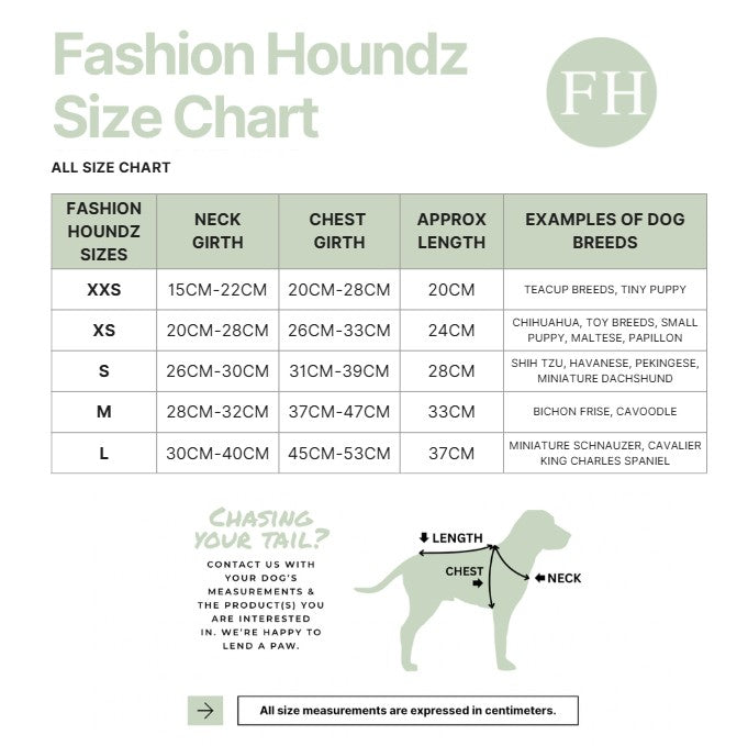 Fashion Houndz size chart for dog clothing with measurements and examples of dog breeds.