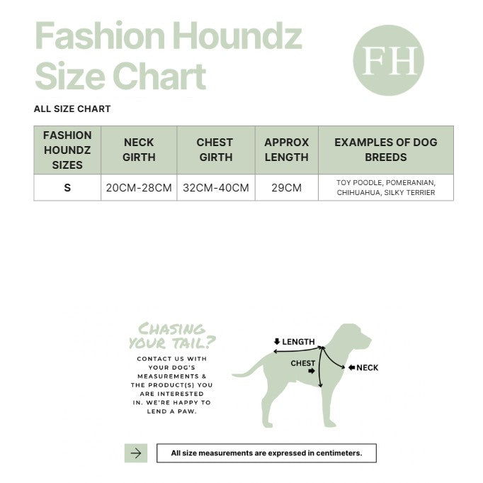 Fashion Houndz size chart for dog clothing with measurements and examples of dog breeds.