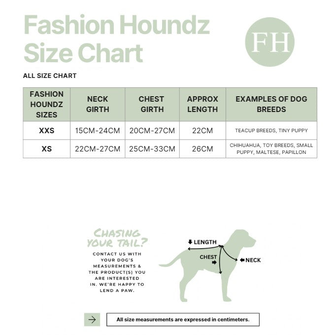 Fashion Houndz size chart for dog clothing with measurements and examples of dog breeds.