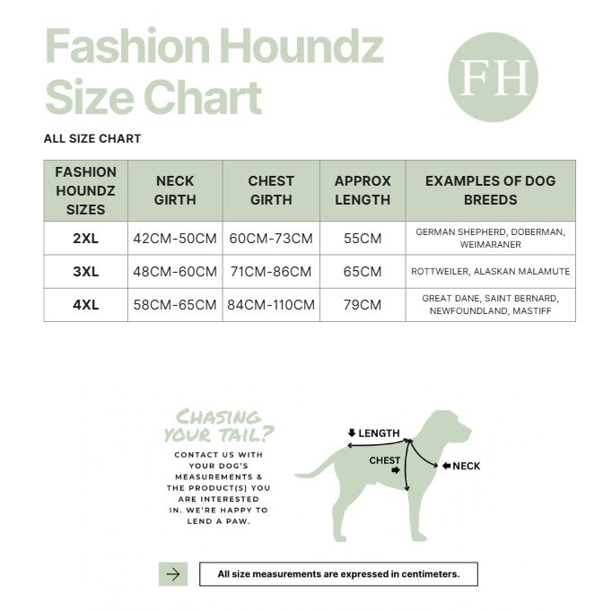 Fashion Houndz size chart for dog clothing with measurements and examples of dog breeds.