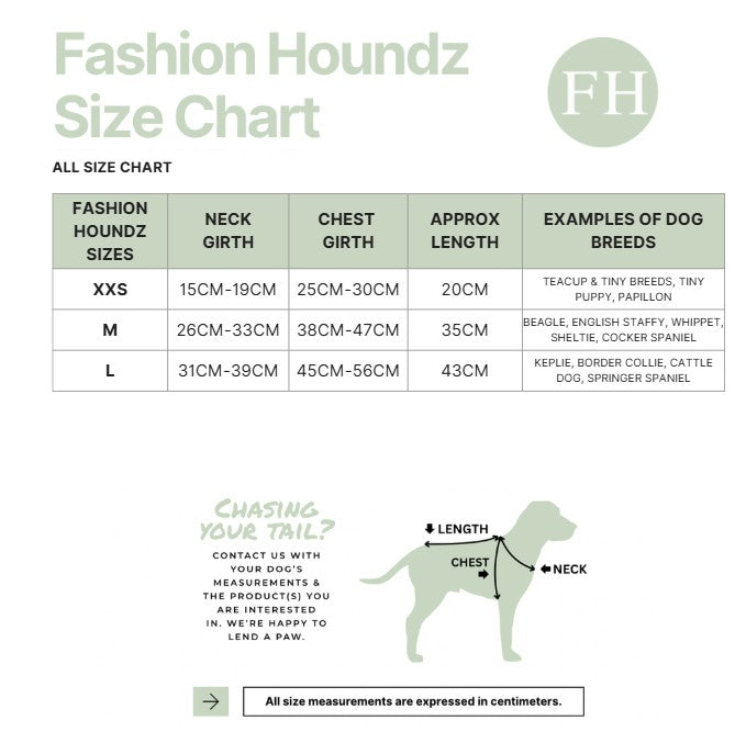 Fashion Houndz size chart for dog clothing with measurements and examples of dog breeds.