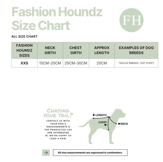 Fashion Houndz size chart for dog clothing with measurements and examples of dog breeds.