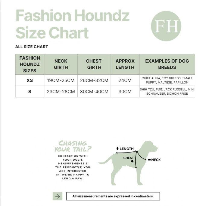 Fashion Houndz size chart for dog clothing with measurements and examples of dog breeds.