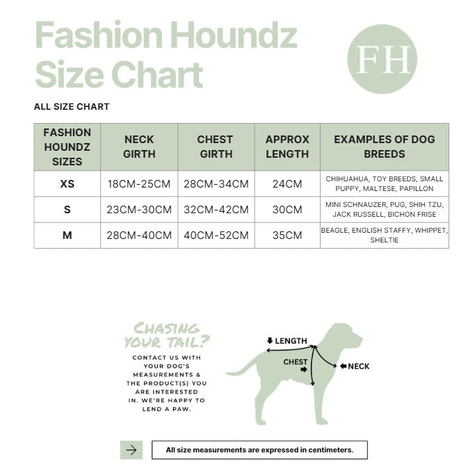 Fashion Houndz size chart for dog clothing with measurements and examples of dog breeds.